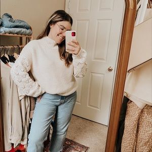 universal thread flutter sleeve detail mock neck sweater